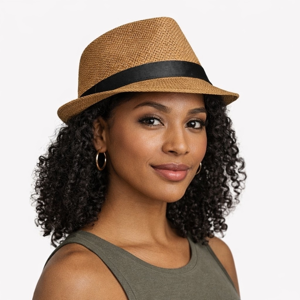 NWT Groovy Glam Tan Straw Fedora Trilby Hat Size M Women’s
